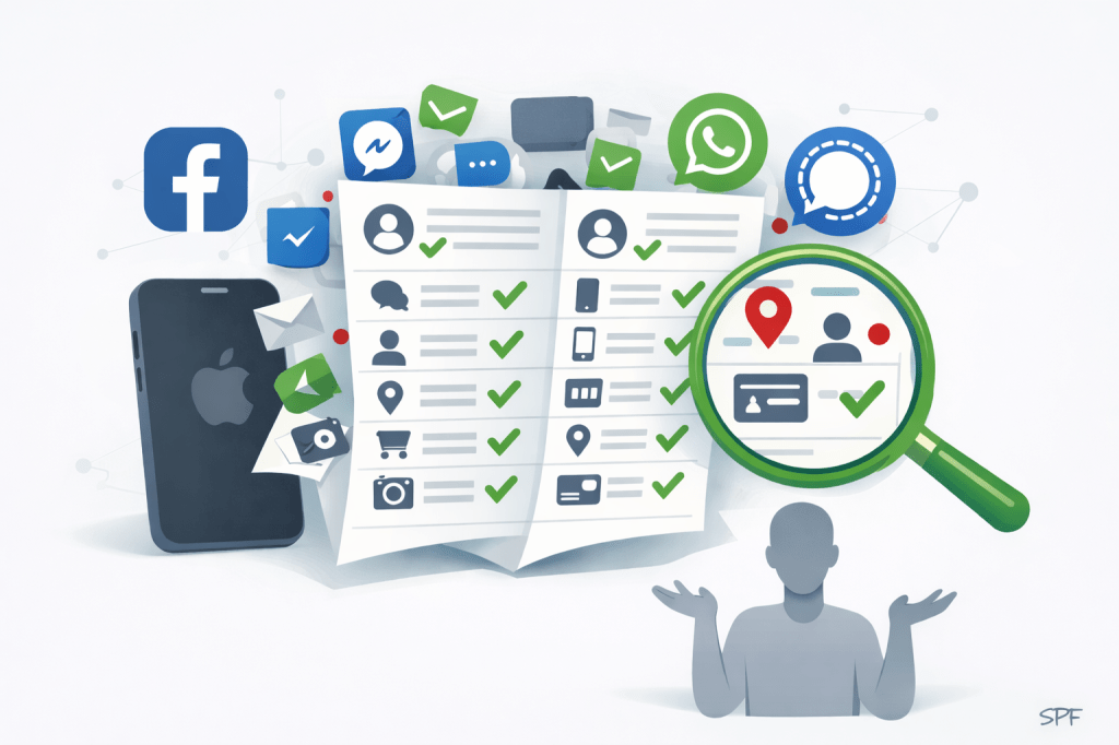 Eine symbolische Editorial-Illustration zeigt einen geöffneten „Datenschutz-Beipackzettel“ im App-Store-Stil, aus dem zahlreiche Daten-Symbole wie Standort, Kontakte und Nachrichten hervorquellen. Angedeutete Logos von Facebook, WhatsApp, Facebook Messenger und Signal rahmen die Szene und verweisen auf den Vergleich der Messenger-Dienste. Eine Lupe steht für Transparenz, während eine neutrale, gesichtslose Figur mit erhobenen Schultern ironisch das Motto „Ich habe nichts zu verbergen“ verkörpert.