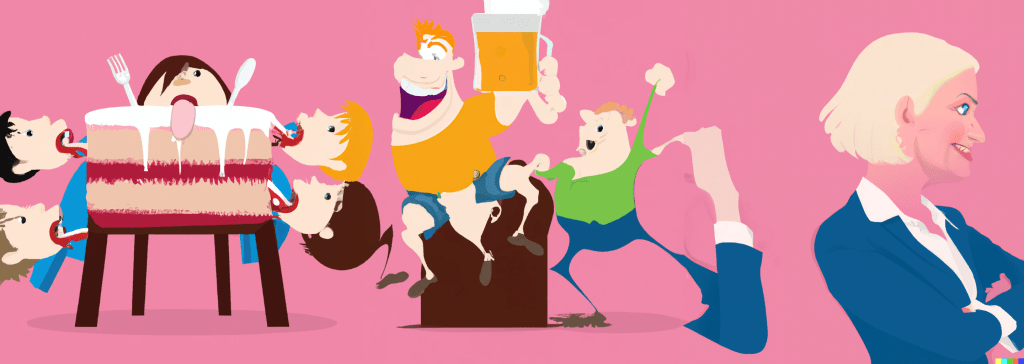 Erstelle das stiliserte Bild von Menschen, die einen Kuchen verteilen und von Freibier trinkenden Personen. Auf der rechten Seite eine blond, böse grinsende Frau, die an wen erinnert?