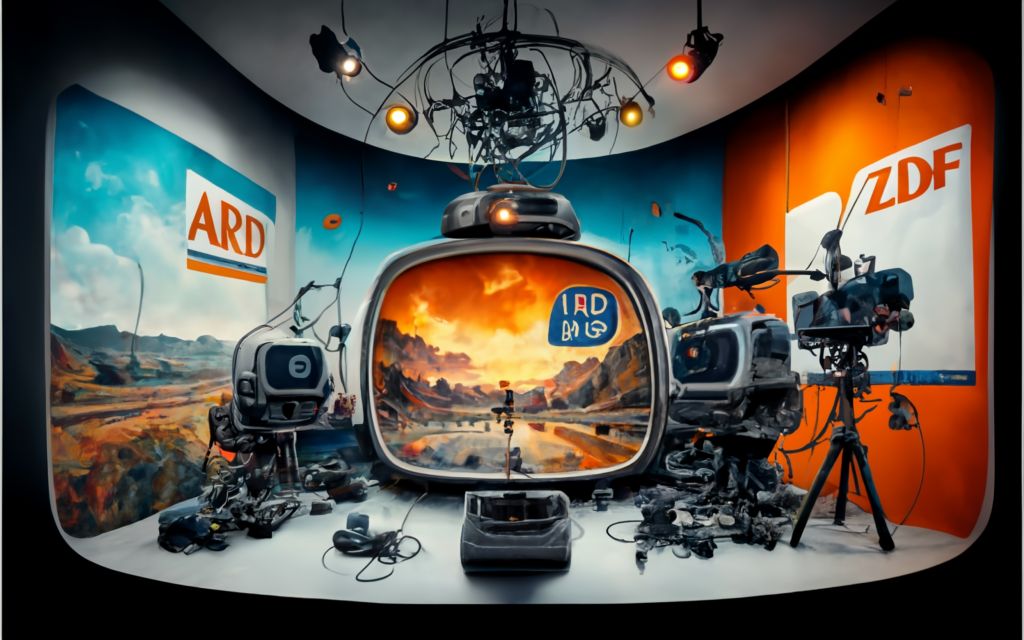 create a painting in the style of Dali of a TV studio the public television stations in Germany with logos of ARD and ZDF, with cameras, microphones and lighting and journalists, conceptual art
