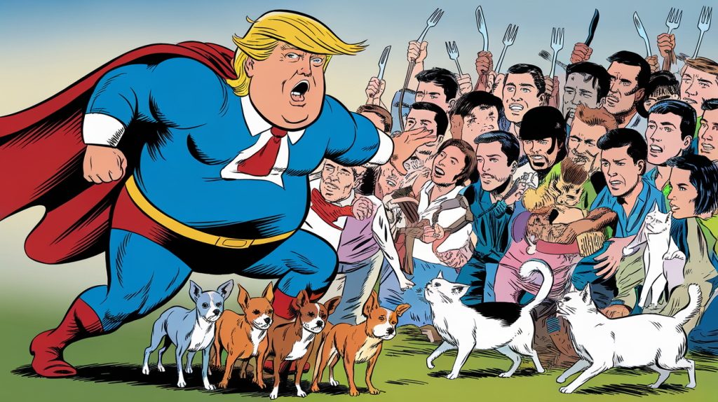 Ein übergewichtiger Donald Trump in Superheldenkostüm, der verzweifelt versucht, eine Gruppe von Chihuahuas und Perserkatzen vor einer Horde comichaft dargestellter Migranten mit Gabeln und Messern zu beschützen.