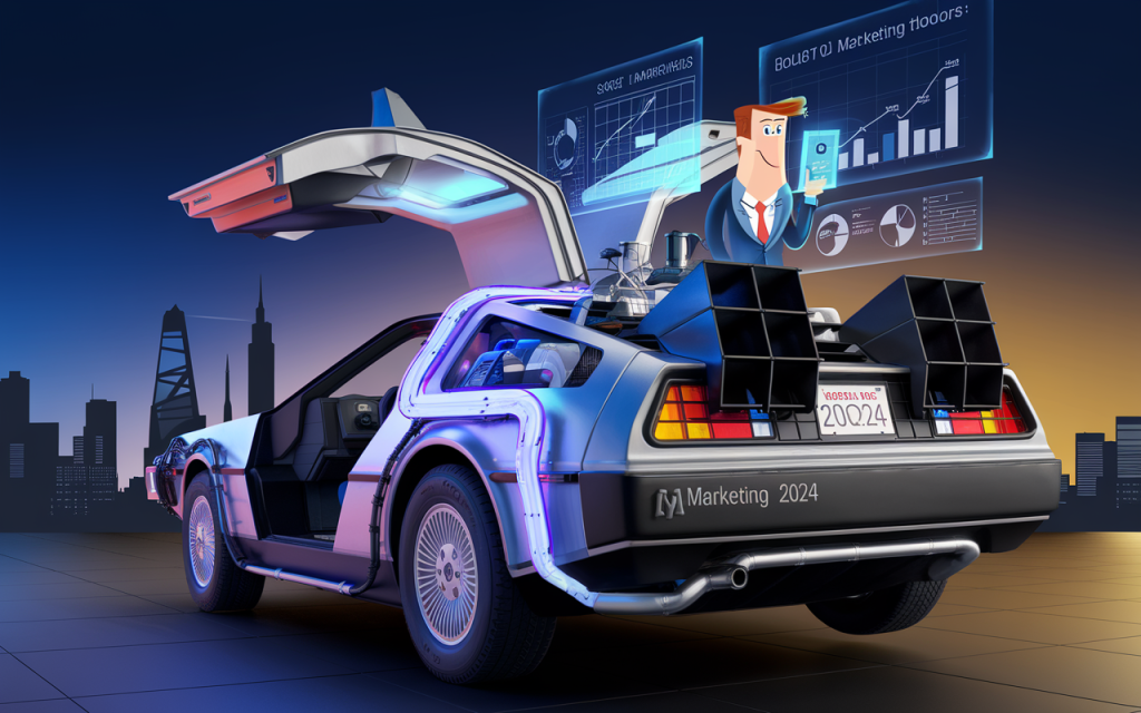 Create a digital illustration of the iconic DeLorean time machine from Back to the Future, but reimagined as a sleek marketing tool. The car should be hovering above a modern cityscape, with holographic marketing charts and graphs projecting from its open gull-wing doors. The license plate should read 'MARKETING 2024'. In the driver's seat, show a cartoon businessman wearing a 1950s suit but using a futuristic tablet. The sky should have a gradient from deep blue to gold, mimicking the McKinsey report colors.