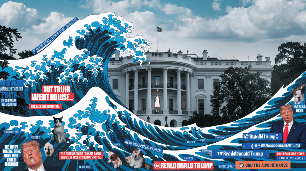 A digital collage of a wave made of Trump quotes, tweets, and controversial headlines crashing over the White House. The wave is composed of a mix of quotes from Trump's speeches, tweets from the @realDonaldTrump account, and controversial headlines. The wave is crashing over the White House, with the building partially submerged. There are images of Trump, cats, dogs, and dogs scattered throughout the wave. The background is a clear sky with white clouds.