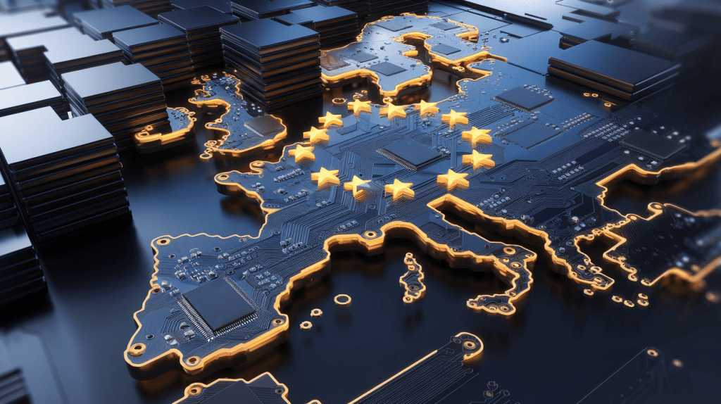 A professional tech photography style image of a stack of glowing circuit boards forming the shape of the EU flag. Some sections of the circuit boards are dark or offline. There are floating warning symbols and regulatory icons. The image has a dramatic top-down lighting and a shallow depth of field. The background is clean.