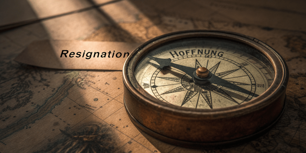 A vintage compass with a weathered brass texture. The needle is pointing between the labels "Resignation" and "Hoffnung" in German. The compass is in a dramatic scene with warm golden lighting and dramatic shadows.