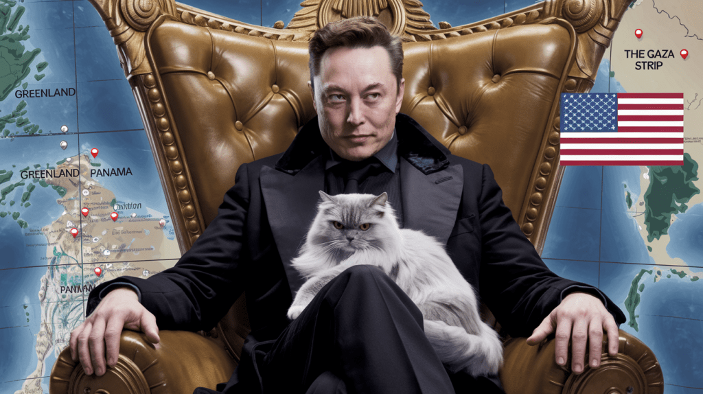 A cinematic medium shot of Elon Musk as the villain Ernst Stavro Blofeld from the James Bond film series. He is sitting in a throne-like chair and has a white Persian cat on his lap. The background contains a map with pins in various locations, including Greenland, Panama, and the Gaza Strip, with an American flag placed on the US.