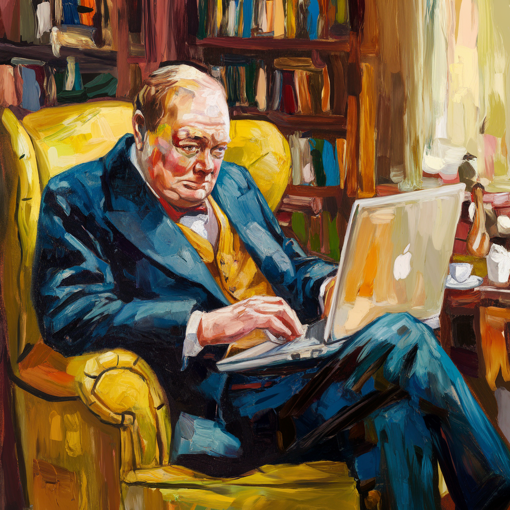 An impressionist oil painting of Winston Churchill typing a blog post on a laptop while enjoying tea in a cozy armchair. The background is a study filled with bookshelves. The overall image has a warm hue.