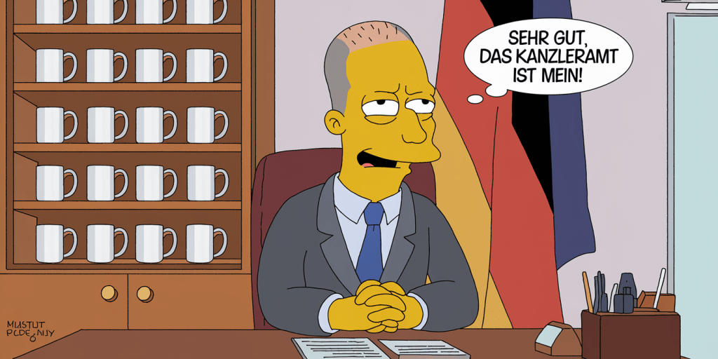 A comic-style illustration of Mr. Burns from The Simpsons with a half-shaved head like CDU politician Friedrich Merz. He is sitting at a desk in the Chancellery in Berlin with a smirk on his face. The background contains a German flag. Next to the desk there is a cabinet with many cups inside. A speech bubble above Mr. Burns' head contains the text "Sehr gut, das Kanzleramt ist mein!"