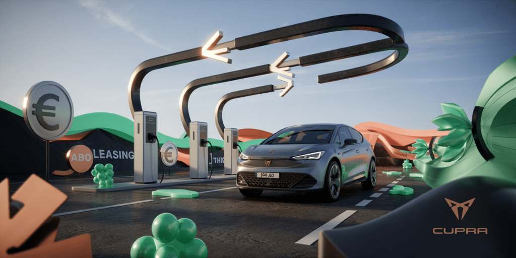 A conceptual product advertisement for the Cupra Born electric vehicle, featuring an expressionistic path made of fragmented lines leading through a landscape of charging stations, €-signs, and text elements like "Abo" and "Leasing." The path is adorned with forms resembling charging cables, and the Cupra Born is subtly hinted at in the background. The scene uses vibrant colors like blue, green, and copper to symbolize the transition to electric mobility, with abstract forms and dynamic compositions creating a sense of movement and innovation, and the Cupra logo prominently displayed in the lower right corner.