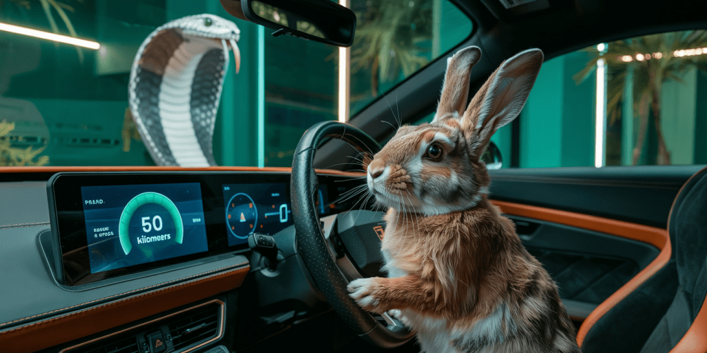 A photograph of a wide-eyed rabbit sitting in the driver's seat of a Cupra Born, its gaze fixed on the dashboard display showing a remaining range of "50 Kilometer". The rabbit's fur is a soft grey, and its ears are perked up, reflecting a sense of apprehension. Behind the display, a hazy, oversized silhouette of a cobra's head looms, adding an element of surreal tension, while the interior of the car features the characteristic Cupra color scheme of dark grey and copper accents. Soft, ambient lighting illuminates the scene, emphasizing the rabbit's anxious expression and the looming threat in the background.