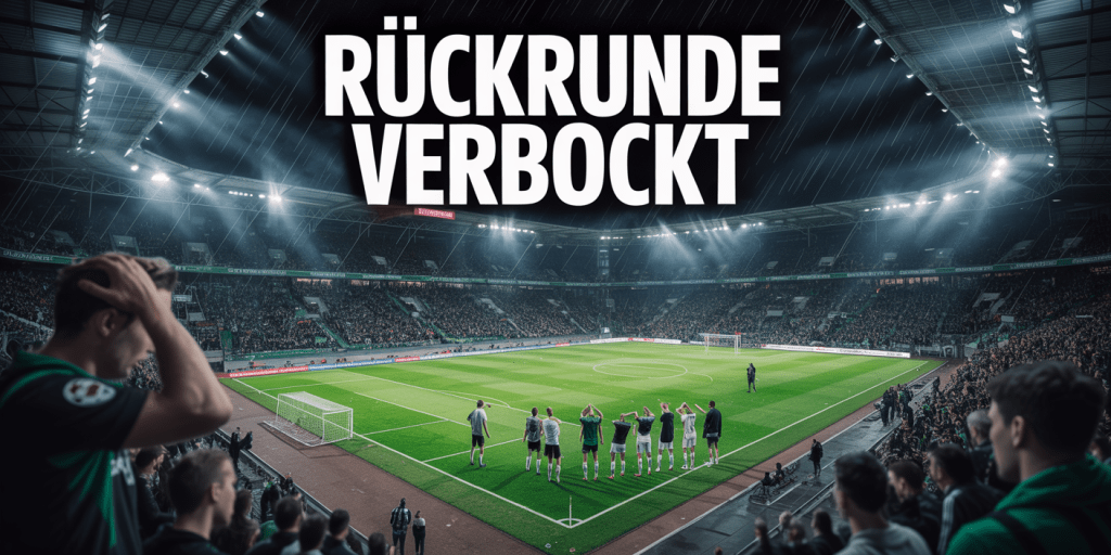 A dramatic, stylized poster in the colors of Borussia Mönchengladbach, featuring the text "Rückrunde verbockt" in a bold, distressed font. The main focus is the Borussia Mönchengladbach stadium, captured from a low angle to emphasize its imposing presence, with visible rain streaks on the stands and a gloomy atmosphere. On the pitch, dejected players hang their heads in disappointment, while blurred, frustrated fans fill the stands with a palpable sense of disillusionment, lit by the stark, cold glow of the stadium floodlights. The overall scene conveys a mood of despair and regret, capturing the feeling of a season gone wrong.