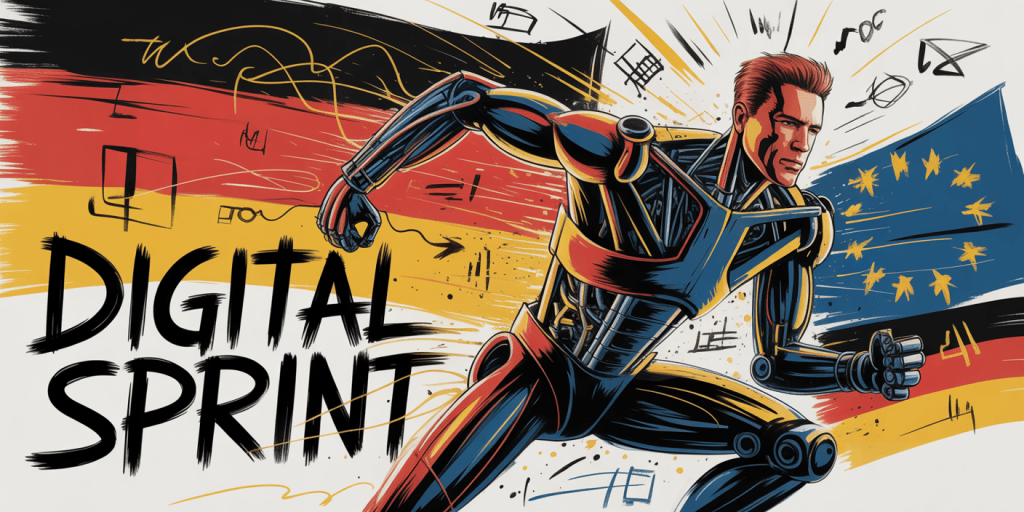 The designated area is cleared. A metallic, robotic figure dominates the scene, its arm outstretched in a dynamic pose. The robot’s head features a menacing skull-like visage with glowing red eyes, and its body is intricately detailed with exposed mechanical components. Behind the robot, incorporating elements of the German and European flags. The bold text "DIGITAL SPRINT" is prominently displayed, adding a futuristic and energetic vibe to the overall composition.