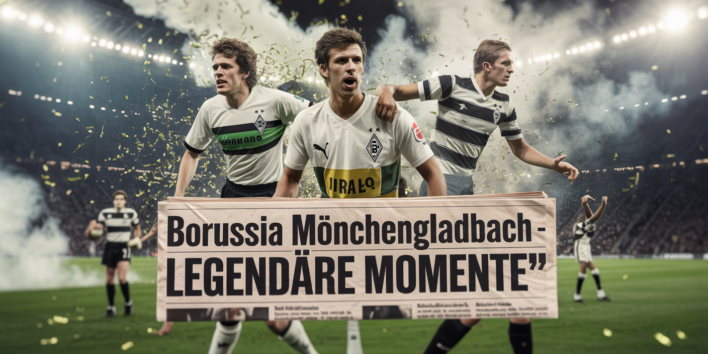A photograph depicting a dynamic collage of three iconic Borussia Mönchengladbach football moments. The central focus is a blurred composite of a 1970s final, a smoky 1980s match filled with tear gas, and a tense penalty shootout, each showcasing players in vintage Borussia Mönchengladbach kits. In the foreground, a faded newspaper headline reads "„Borussia Mönchengladbach – Legendäre Momente“" partially obscured by swirling smoke and scattered confetti. The overall scene is bathed in a grainy, nostalgic light, evoking the atmosphere of a historical sporting event.