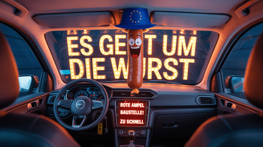 A photograph depicting a chaotic car cockpit interior, centered on a brightly lit dashboard. The dashboard is overflowing with blinking warning lights displaying "Rote Ampel", "Baustelle!", and "Zu schnell", while a giant, cartoonish vegan sausage proudly wears a large EU hat perched on top. Across the windshield, the phrase "Es geht um die Wurst" is boldly displayed in a playful, handwritten font, partially obscuring the view. The scene is illuminated with saturated, vibrant colors and dramatic lighting, creating a humorous and exaggerated atmosphere.