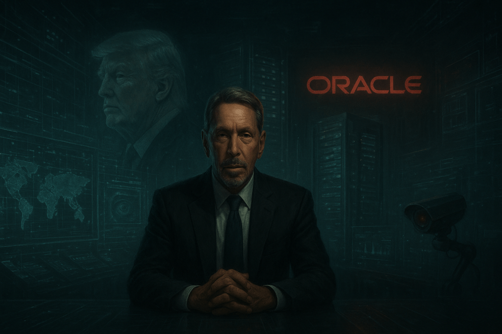 „Der Schattenpräsident“ Ein mächtiger Mann in elegantem Anzug sitzt in einem futuristischen Kontrollraum voller holografischer Datenströme und Überwachungsbildschirme. Hinter ihm verschwimmen die Silhouetten von Trump, KI-Servern und einem riesigen Oracle-Logo. Der Raum wirkt wie das Gehirn eines Überwachungsstaates. Cinematic lighting, dramatic composition, dystopian realism, high detail. 🧠 Ziel: Ellisons Rolle als stiller Machtstratege im Hintergrund illustrieren – düster, kontrolliert, visuell fesselnd.