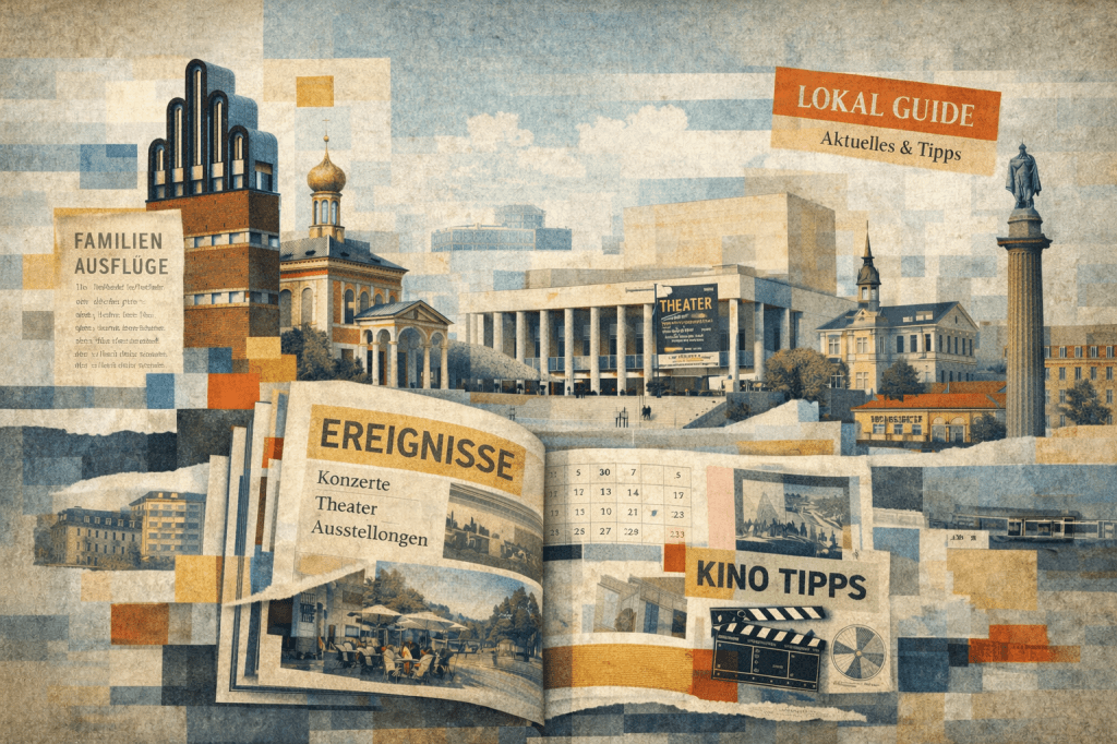 Künstlerische Collage im Bauhausstil: Darmstädter Wahrzeichen (Hochzeitsturm, Staatstheater, Innenstadt) verschmelzen mit Magazinseiten, Veranstaltungskalendern und Textfragmenten. Papierstrukturen sichtbar, leichte Überlagerungen. Surreal, aber ruhig. Farben gedeckt, keine grellen Kontraste. Zeitgenössischer Magazin-Cover-Stil. Bitte nur deutschsprachige Begriffe verwenden.