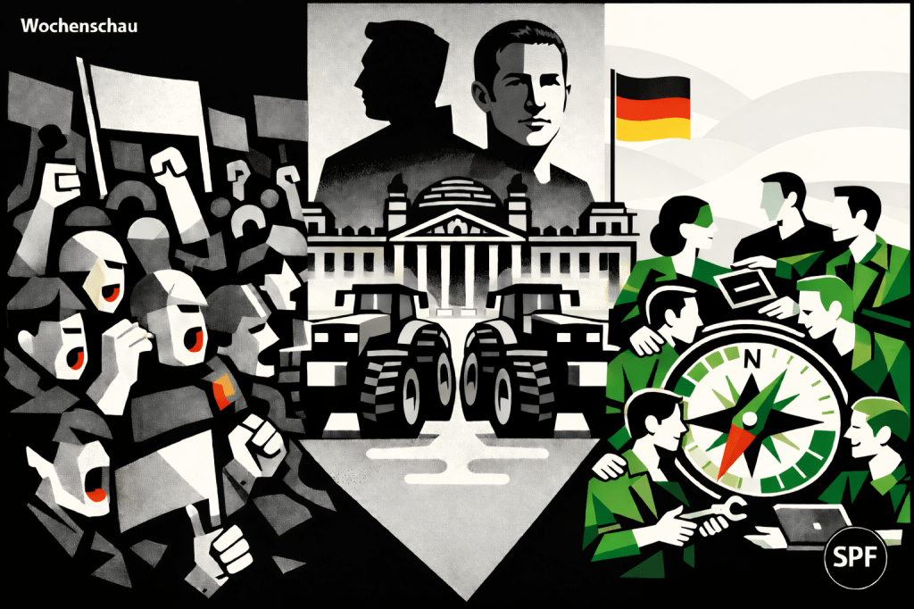 Left section – Hasserfüllter Protest: Aggressive demonstrations dominate the left third of the image. Angry faces, shouting mouths, raised fists, confrontational body language. Indistinct banners and flags without readable text. The crowd appears polarized, tense, emotionally charged. Color treatment: cold, desaturated blues and greys, heavy shadows, visual noise, compressed space. This section feels loud, exhausting, destabilizing. Center section – Blockade & Macht: Tractors standing in front of the Bundestag, blocking access to the building. The tractors are heavy, static, symbolizing obstruction and entrenched interests. Behind and above the scene, in a darker, symbolic layer: shadowy silhouettes of tech oligarchs (abstracted, non-caricatured), looming, distant, observing. Their presence is ominous, detached, power without accountability. Civic architecture shows strain but remains intact. Lighting neutral to cold, controlled, slightly oppressive. Right section – Richtung & Aufbruch: A large, clear compass as the central symbol of orientation and direction. Around it: people—women and men of different ages and backgrounds—helping each other, embracing, supporting one another, exchanging tools, planning together. Gestures are practical and human, not heroic or sentimental. This area is visually calmer, more ordered, breathable. Technology appears only as supportive, transparent tools, not dominant. Add a small circular brand badge with the letters "SPF".