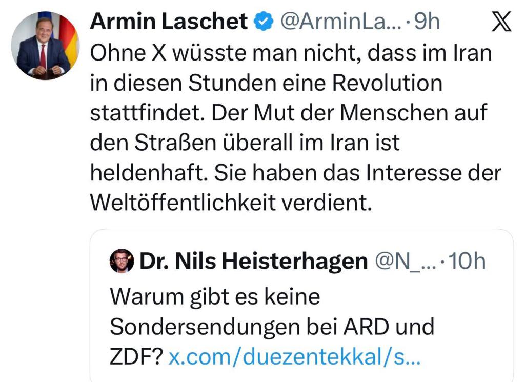 Ohne X wüsste man nicht, dass im Iran in diesen Stunden eine Revolution stattfindet. Der Mut der Menschen auf den Straßen überall im Iran ist heldenhaft. Sie haben das Interesse der Weltöffentlichkeit verdient.
