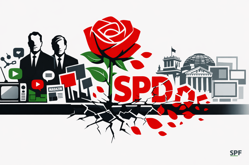 On the far left, two iconic, reduced human silhouettes inspired by Willy Brandt and Helmut Schmidt appear oversized and cropped by the frame, their heads and shoulders filling the left third of the image. They are flat, angular, geometric, without facial detail, calm and authoritative. Behind, around, and partially overlapping them, media symbols are very large and layered, some cut off by the image edges: a 1970s television, radio, magazine cover, protest placards, microphones. Interwoven densely among them are contemporary, unbranded social media symbols—speech bubbles, play buttons, feed blocks, network nodes—scaled large and pressing into the composition, clearly signaling the present. Green accents (#1FA463, #2ECC71) are meaningful but controlled, embedded in these symbols. At the center, a towering red SPD rose (#C4161C, strictly limited in color coverage but visually dominant) erupts from the timeline. The rose is tall and forceful, with petals, stem, and leaves extending into multiple thirds of the frame, some elements cropped by the top and bottom edges. Petals fall in larger shapes, cutting through the composition diagonally and occupying real visual mass. Beneath the rose, the timeline fractures violently, cracks spreading wide and deep across the slab. The SPD wordmark runs oversized along the timeline, initially bold and intact, then aggressively fragmented as it moves rightward. Letters break apart, tilt, and partially fall into the cracks, some cropped by the lower edge of the frame. On the right side, the image remains dense and cropped: the Bundestag appears large, broken, and partially out of frame. Empty modern media frames and screens are oversized, hollow, and layered, filling space while signaling absence and erosion. The timeline thins but still occupies physical space as it fades into pale grey #F2F2F2. Green accents are faint but persistent, acting as residual structure rather than optimism.