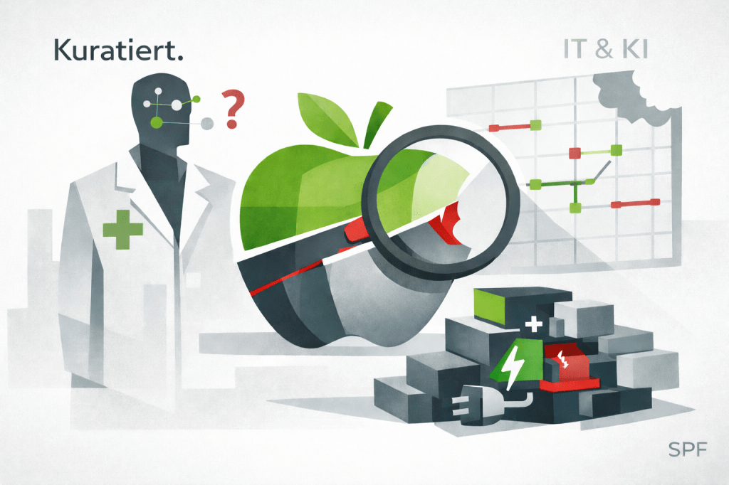 Die Illustration verdichtet zentrale Themen aus IT und Künstlicher Intelligenz zu einer klaren, symbolischen Komposition. Ein gesichtsloser KI-Arzt („Doc Sam“), ein von einer Suchlinse durchdrungener Apfel, eine energiehungrige Maschinenstruktur und ein angefressenes Tabellenblatt stehen für Vertrauensfragen, Abhängigkeiten, Kosten und den Mythos technologischer Alternativlosigkeit. Die reduzierte Farbgebung und die geometrische Formsprache unterstreichen den analytischen, journalistischen Blick auf aktuelle KI-Entwicklungen. Oben markieren „Kuratiert.“ und „IT & KI“ das Format und den thematischen Schwerpunkt.
