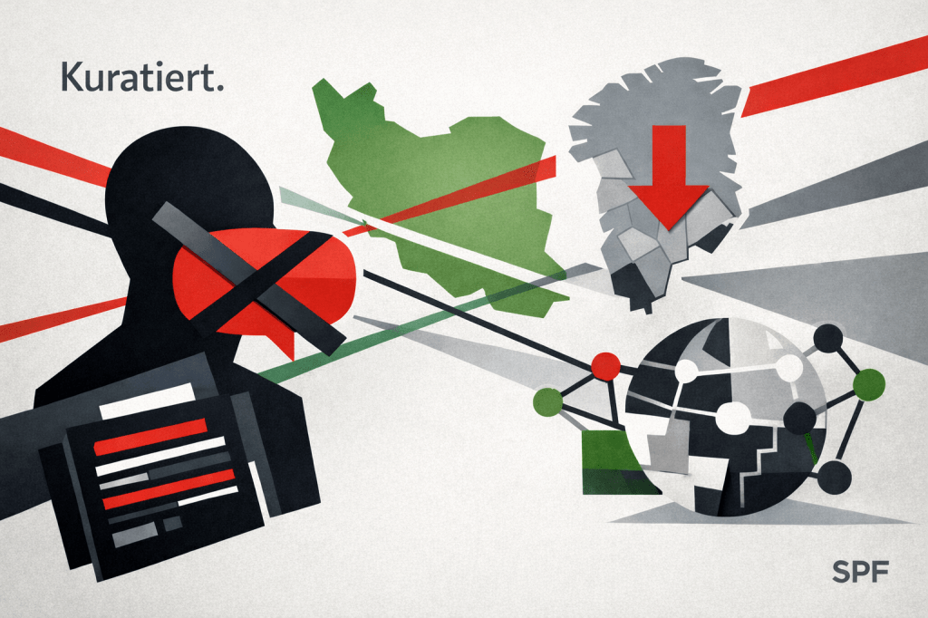 Symbolisches Titelbild im Stil einer journalistischen Editorial-Illustration: Abstrahierte Silhouetten, eine blockierte Sprechblase und fragmentierte Kartenformen stehen für Repression, geopolitische Spannungen und mediale Konflikte. Rote Warnmarkierungen und grüne Orientierungslinien visualisieren Druck, Gegenwehr und mögliche Handlungsspielräume.