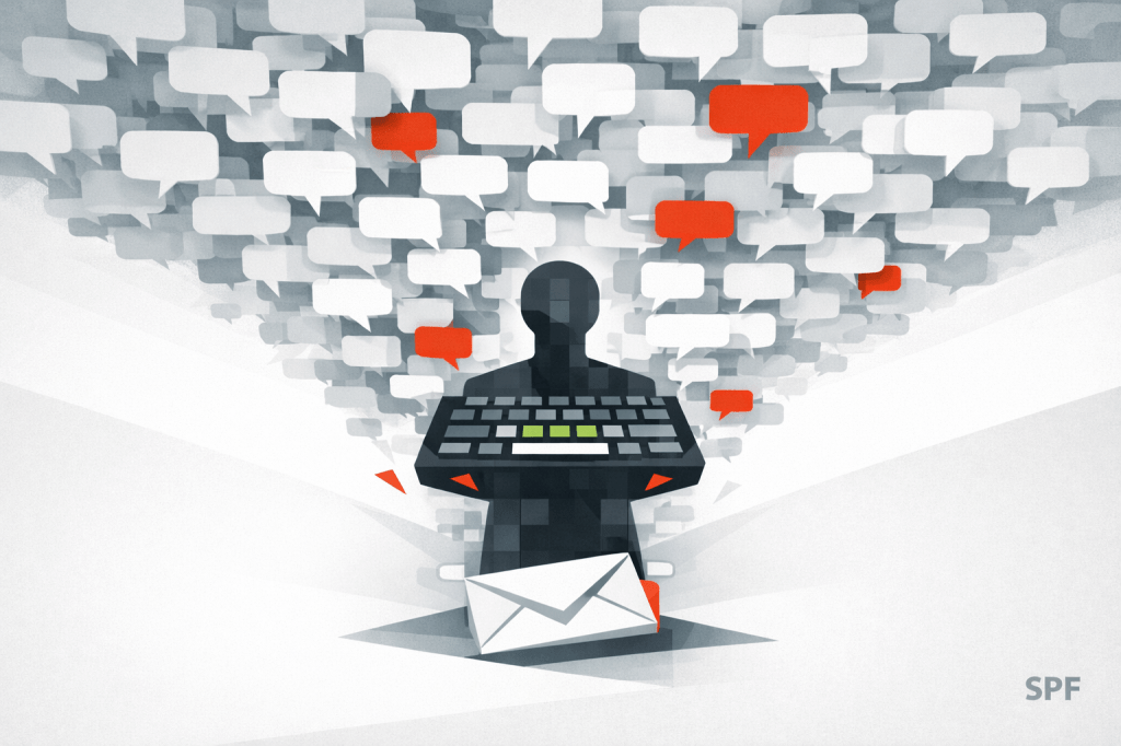 Das Titelbild zeigt den „Tastaturmenschen“ als abstrahierte Figur: eine zentrale Tastatur, die von oben von einer dichten Flut aus grauen und weißen Chatblasen bedrängt wird. Einzelne rote Blasen markieren Stress und Konflikte in der Dauerkommunikation. Von unten drückt ein klarer Briefumschlag als Symbol für formale, verbindliche Kommunikation entgegen.