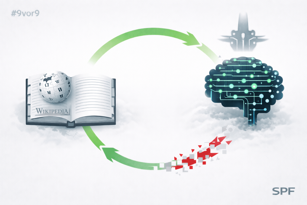 circular knowledge flow diagram. Left: open, modular Wikipedia book structure with the Wikipedia logo. Right: abstract AI brain composed of layers and nodes. Above the AI: an abstract tech-power silhouette hovering, minimal and shadow-like. Arrows flow from Wikipedia to AI (clean, green). Return arrows flow back to Wikipedia fragmented and distorted (red markers). Visible imbalance in arrow thickness. White background, anthracite structure friendly green. No faces, no narrative scene.