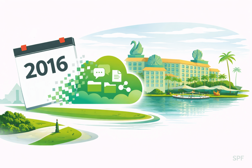 Das Kalenderblatt 2016 kombiniert mit dem Umzug meines Arbeitsplatzes in die Cloud - daneben das "Swolfin", in dem lange Jahre die Lotusphere, später IBM Connect stattgefunden hat. 2016 ist man umgezogen. Trotzdem bleiben Dolphn und Swan für viele Besucher mit der Lotusphere verknüpft.