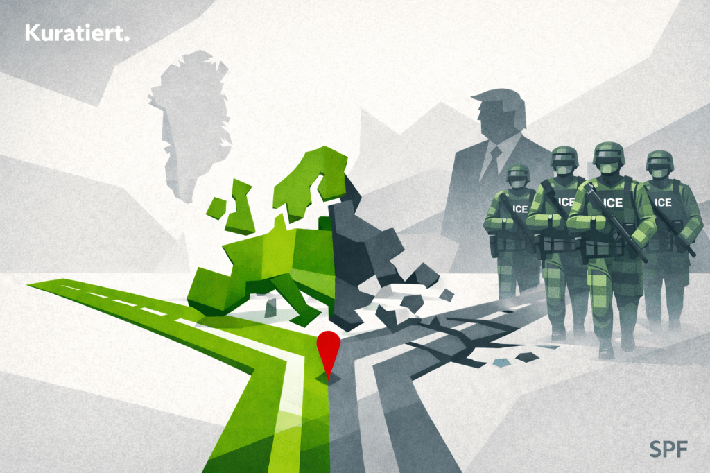 Geometric, cubist representation of Europe as a simplified solid form standing at a forked path. One path structured, green and stable, the other grey, fragmented and fading. Cubist representation of Greenland on the upper left side. In the background: an abstract, non-caricatured silhouette suggesting Trump, not to dominant, combined with a crowd of ICE para soldiers . Calm but tense atmosphere.