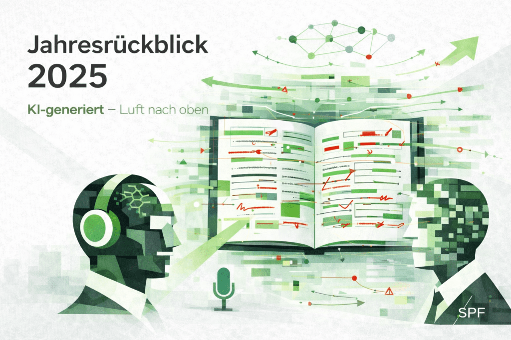 symbolic editorial illustration for a blog title image, clean modern magazine style, bauhaus-inspired, cubist geometry, flat symbolic realism, central motif: an open notebook as a metaphor for AI-generated analysis, pages constructed from strict rectangular planes and grids, text represented only as abstract lines and blocks, multiple passages visibly crossed out, underlined or corrected, bold red correction marks, strike-throughs and annotations, suggesting imprecision, reinterpretation and loss of attribution, figurative elements: two opposing human silhouettes in profile, uniformly cubist, geometric heads and bodies, no facial features, no expressions, black outlines and strong contrast define the figures, one silhouette represents human authorship / editorial judgment, the other represents algorithmic processing, both oriented toward the notebook, supporting symbols: simplified microphone icon (audio / podcast), abstract network nodes above the notebook, directional arrows and analytical guide lines, some arrows clean and forward-oriented, others broken, looping back or fading out, indicating analytical gaps and limitations, color system: bright white and very light grey as dominant base, black used deliberately for outlines, separation and contrast, fresh and light green tones for analysis, structure and perspective, red used clearly and visibly for corrections, errors and conflict, no dark or dystopian mood, composition: clear visual hierarchy, strong negative space, editorial balance between clarity and visible tension, no scene storytelling, no photorealism, no comic style, text (editorial exception allowed): “Jahresrückblick 2025” optional secondary line: “KI-generiert – Luft nach oben” quiet modern sans-serif, typographically subordinate to the image, branding: add a small, unobtrusive typographic signature “SPF” bottom right, modern sans-serif, color dark grey or green, no background, no frame