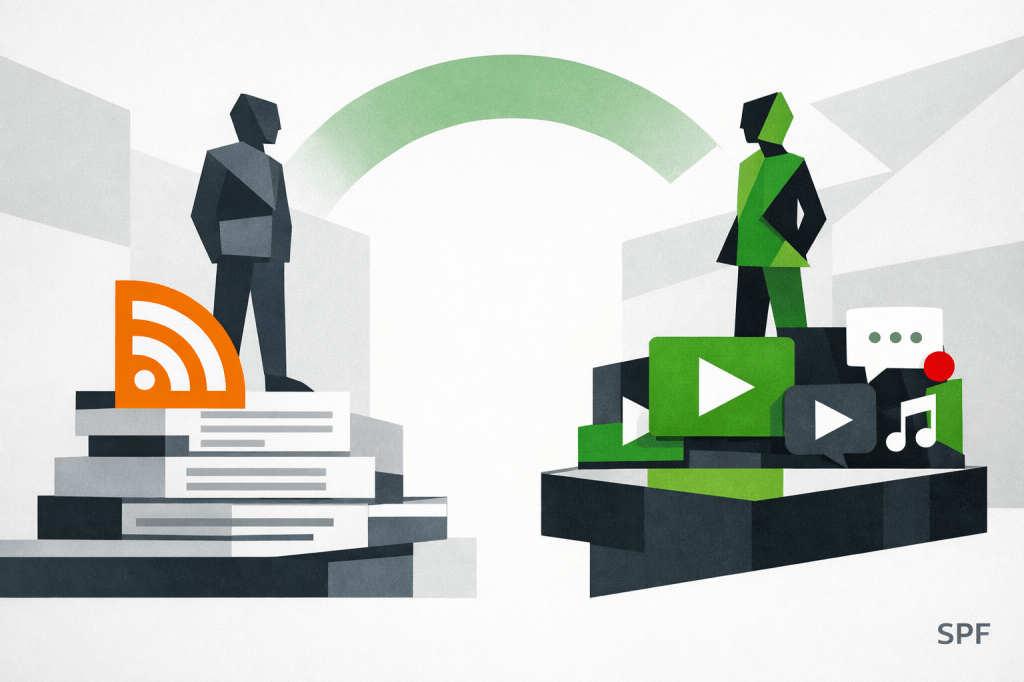 Symbolic editorial illustration, 16:9, abstract cubist silhouettes standing on two different platforms: one with text blocks and RSS symbols, the other with short video icons and play buttons, bauhaus-inspired geometry, clean magazine style, green accents for openness, minimal red for tension, no faces, no realism,
