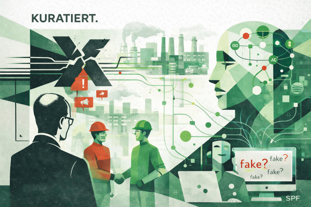 Collage mit Merz, Arbeitern, einem zerbrochenen X, KI und Fake News auf dem Bildschirm