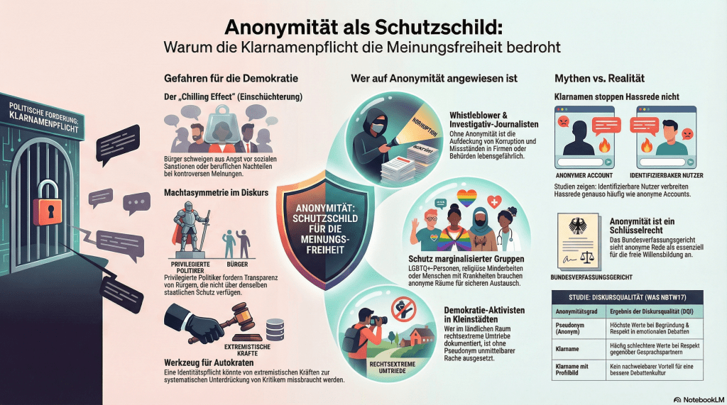 Erstelle eine Infografik, in der deutlich wird, warum auch in Deutschland eine Klarnamenspflicht eine Problem für freie Meinungsäußerung wäre