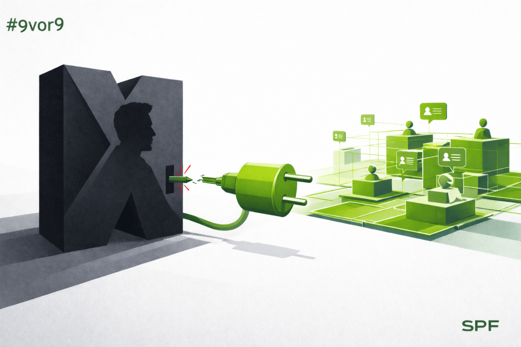 A single large green power plug (#2ECC71, dominant flat 40%) connected to a dark anthracite “X” block on the left is being visibly pulled out in a decisive unplug action, the cable separating cleanly; opposite stands a bright open modular green network platform (#4DFF9A, 35%) functioning independently without central control; the anthracite “X” block subtly forms the silhouette of Elon Musk’s head in profile as part of its geometry, indicating ownership of the centralized system; minimal red spark (#C4161C under 5%) at the unplug point, bright white/light grey background (50%), sharp contrast centralized monolith vs autonomous network, clean modern magazine cover style, “#9vor9” top left, SPF wordmark bottom right in #2A2A2A, 16:9