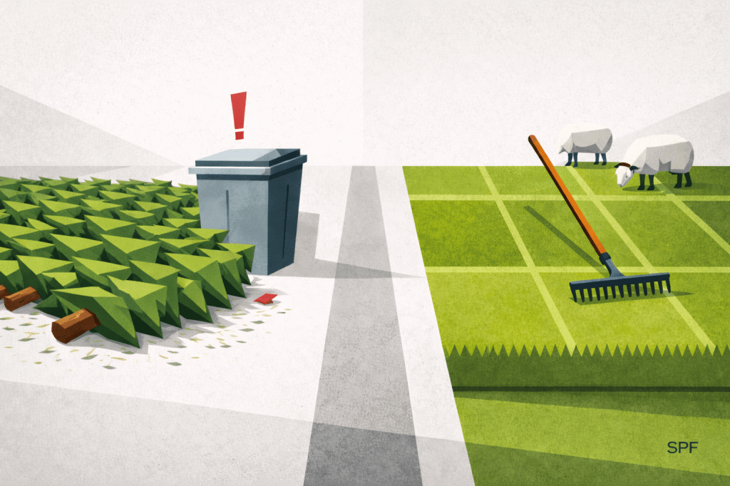 Symbolic editorial illustration, 16:9 format, bauhaus-inspired cubist geometry, modern magazine cover style. Horizontally split composition. Left side: simplified geometric Christmas tree lying next to a minimal container shape, small red accent indicating conflict. Right side: perfectly trimmed green rectangular field with a simplified rake icon. In the center a narrow neutral grey strip symbolizing the missing middle. Bright white and light grey base, structured with anthracite lines, green used for constructive space, red very sparingly for warning. No realism, no faces, no storytelling. Clean, analytical, clear symbolism. Small subtle “SPF” signature bottom right in dark grey.