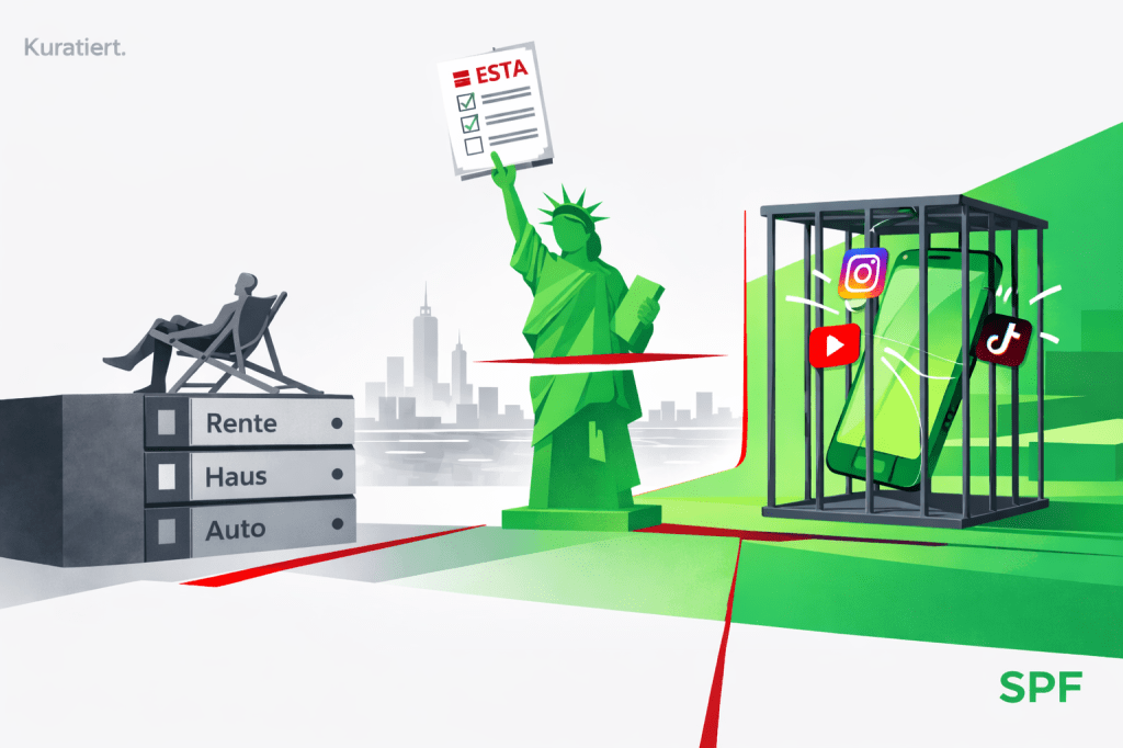 16:9 symbolic editorial illustration, bright and analytical, white and light grey base with dominant flat green areas #2ECC71 forming the center zone. Three strict vertical sections. Linke Seite: Mann im Liegestuhl, neben ihm 2 Ordner mit der Aufschrift Rente, Haus, Auto Mitte: Die Freiheitsstatur, die statt der Fackel ein ESTA-Formular nach oben reckt. Rechte Seite: Ein Smart Phone im Käfig. Im Käfig schwirren die Symbole von Insta, YouTube und TikTok herum. “Kuratiert.” top left small. SPF bottom right in #1FA463 fine sans-serif. High contrast, politically legible.