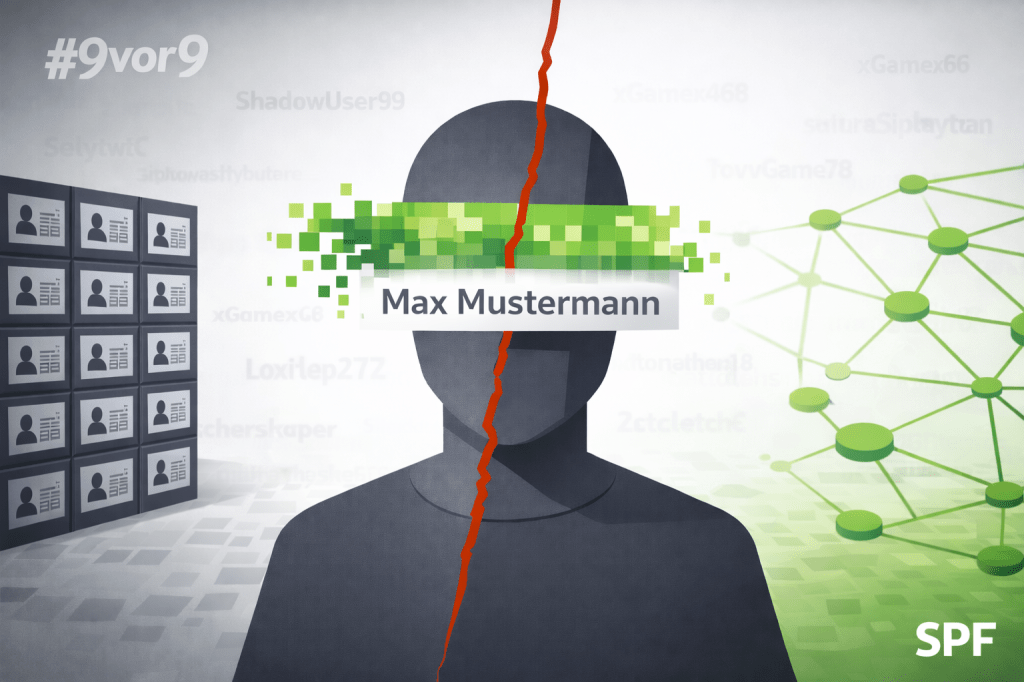 A bright civic 16:9 symbolic editorial illustration in strict SPF color system. One single geometric human bust as the main symbol, centered and strongly reduced, no facial detail, no emotion. Across the eye area lies a wide green pixelated bar as a digital anonymity mask. The action is visible: the pixel bar is breaking open at one side and being pushed aside, creating a sharp rupture. Beneath the fractured mask, the real name “Max Mustermann” appears in clear, modern sans-serif typography in anthracite #2A2A2A. In the background, forming a diffuse modular field, chaotic nicknames like “ShadowUser99” fade into very light grey, dissolving into the white base. Structural contrast: behind the figure on one side a closed anthracite rectangular registry wall with rigid compartments (monolithic control system), each filled with a face with barcode, on the opposite side an open modular green grid (#4DFF9A, #2ECC71, #1FA463) representing autonomous digital space. The portrait stands exactly at the boundary, indicating decision through the breaking mask. A thin red crack (#C4161C) marks the rupture point where the mask splits. Background predominantly white #FFFFFF and very light grey #F2F2F2, large flat green areas dominate the open system. Clean modern magazine style, analytical, calm, politically clear, readable at 25% size. “#9vor9” in white, transparent, top left. SPF wordmark bottom right in #1FA463, fine, modern, sans-serif.