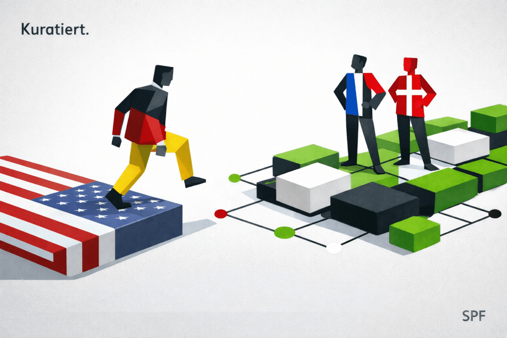 Symbolic editorial illustration, 16:9, abstract cubist silhouettes, one figure mid-step hesitating between closed proprietary platform and open modular system, two figures already standing confidently on open system side, geometric blocks, green as signal for openness and future, black for structure, red minimal for hesitation line, modern editorial look, no text, SPF signature bottom right