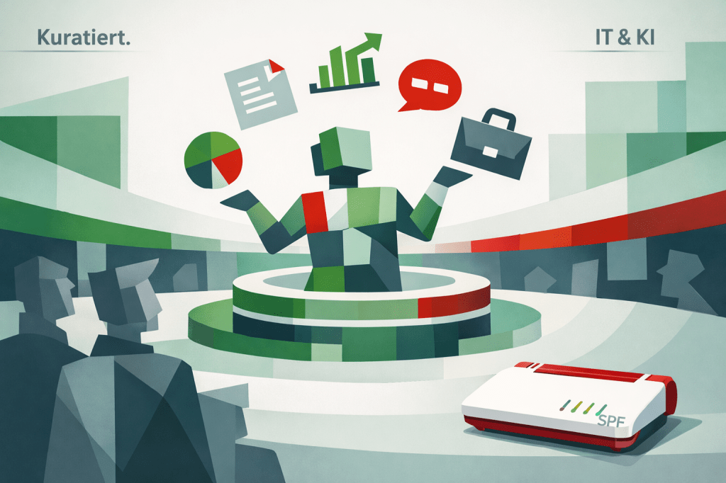 16:9, bauhaus-inspired cubist geometry, modern magazine cover. Central abstract AI structure juggling symbolic icons (contracts, charts, chat bubbles). In the foreground a reduced, iconic white-red router object inspired by European consumer hardware design, rectangular, calm, stable. Cubist human silhouettes observing. Light background, green for orientation, red very sparingly for disruption. Text top left: “Kuratiert.”, top right: “IT & KI”, small, understated. SPF signature bottom right.