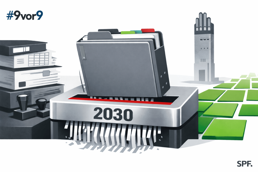 A symbolic editorial illustration in clean modern magazine style, 16:9. One main symbol: a thick grey Umlaufmappe with visible tabs. Action: the folder is being dropped into a paper shredder slot. Contrast system: on the left a rigid, monolithic paper-based structure made of stacked forms and stamps in anthracite; on the right an open, modular digital plane formed by green tiles flowing forward. The Hoichzeitsturm column silhouette stands upright in the background as a neutral civic anchor. The number “2030” appears cut into the shredder edge as a decision marker. Bright, open overall light. White and very light grey dominate, large flat green surfaces (#4DFF9A, #2ECC71) carry the future side, anthracite only for structure, a thin red warning line at the shredder mouth. SPF wordmark bottom right.