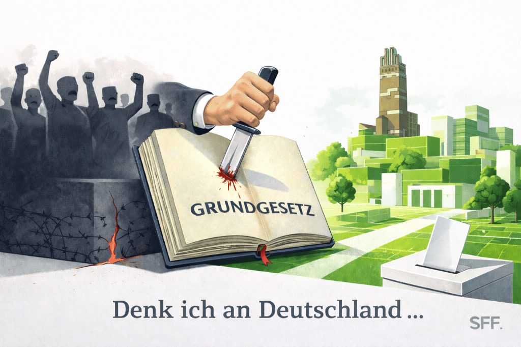 Die Illustration zeigt einen starken politischen Kontrast: In der Mitte wird ein aufgeschlagenes Buch mit der Aufschrift „Grundgesetz“ von einer Hand mit einem Messer verletzt – ein Symbol für den Angriff auf demokratische Grundwerte. Links stehen dunkle, wütende Silhouetten einer aufgebrachten Menge vor einer zerstörten, stacheldrahtbewehrten Landschaft. Rechts öffnet sich eine helle, grüne Stadtlandschaft mit dem Darmstädter Hochzeitsturm und einer Wahlurne – ein Bild für Demokratie, Bürgergesellschaft und die Möglichkeit, durch Wahlen gegenzusteuern.