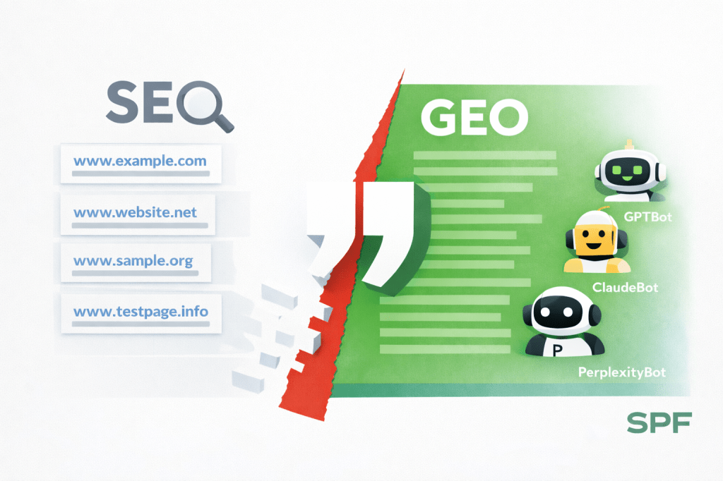Die Illustration zeigt den Wandel von **SEO zu GEO**. Links symbolisieren eine Lupe und mehrere URL-Links die klassische Google-Suche mit klickbaren Ergebnissen, während rechts ein grünes Feld mit Textlinien und KI-Bots für generative Antworten von Systemen wie ChatGPT, Claude oder Perplexity steht. Ein großes Anführungszeichen und eine rote Bruchlinie markieren den Übergang von der Linkliste zur KI-Zusammenfassung.