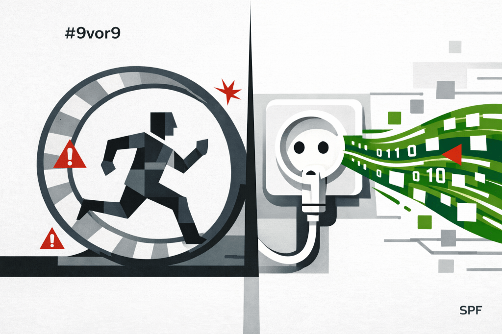 Das Bild zeigt eine geteilte Arbeitswelt: Links läuft eine abstrahierte Figur in einem Hamsterrad – ein Symbol für klassische, repetitive Arbeit, verstärkt durch rote Warnzeichen. Rechts fließen aus einer Steckdose grüne Datenströme, die für KI als jederzeit verfügbare Ressource stehen. Der starke Kontrast macht den Bruch zwischen traditionellem Arbeitsverständnis und neuer, technologiegetriebener Produktivität sichtbar.