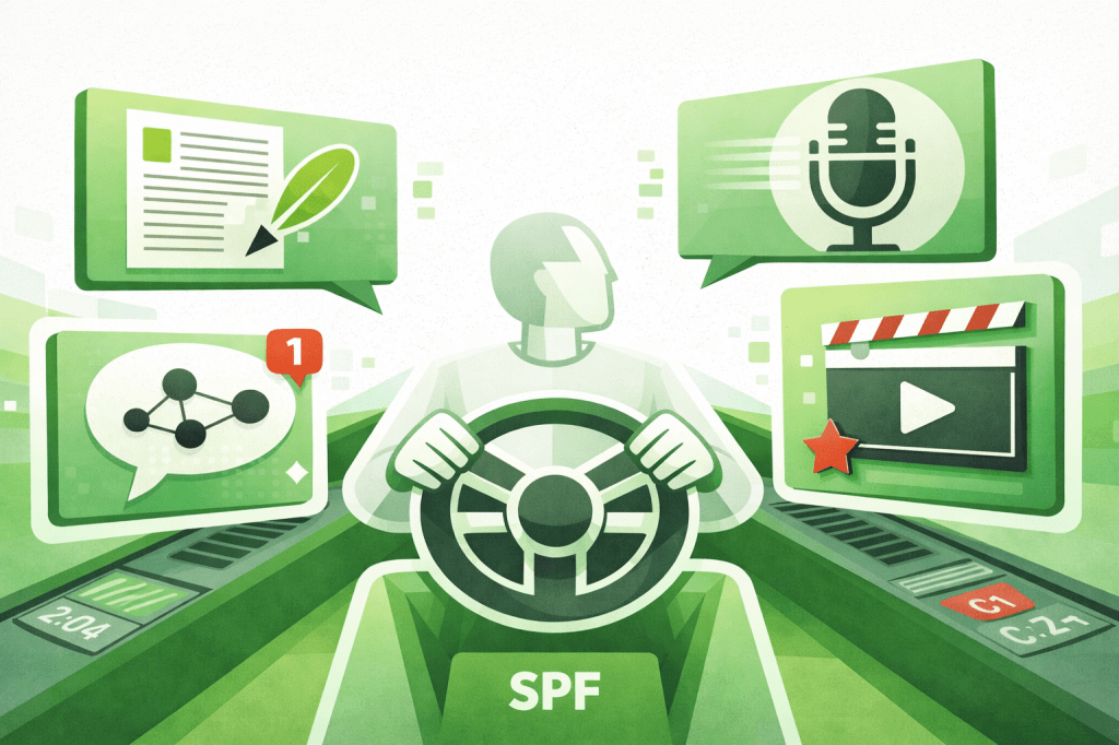 Eine geometrische, gesichtslose Figur sitzt zentral am Steuer und kontrolliert das System, klar als aktive Instanz erkennbar. Um sie herum schweben vier klar codierte Content-Module (Text, Podcast, Social Media, Video) als eigenständige, nicht verbundene Outputs. Die helle, grün dominierte Farbwelt mit minimalen roten Akzenten unterstreicht die Struktur: menschliche Kontrolle über modulare, KI-getriebene Produktion.