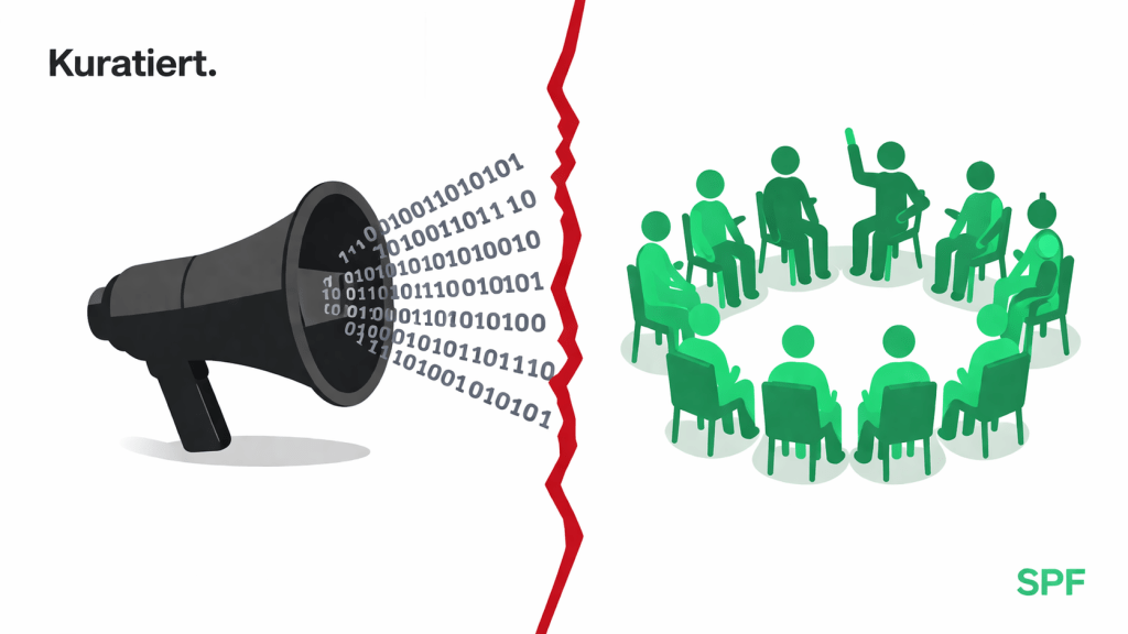 Die Illustration ist vertikal geteilt: Links ein dunkler Megafon-Trichter, der statt Sprache binäre Zahlenströme aussendet, rechts eine grüne Gruppe stilisierter Figuren in kreisförmiger Anordnung, die für geordnete Diskussion steht. Ein gezackter roter Riss durchschneidet die Mitte und symbolisiert die Spannung zwischen algorithmisch verzerrter Kommunikation und demokratischem Austausch. Die reduzierte, flächige Gestaltung mit klaren Farben und minimalistischer Typografie („Kuratiert.“ oben links, „SPF“ unten rechts) unterstreicht den editorialen, magazinartigen Charakter.