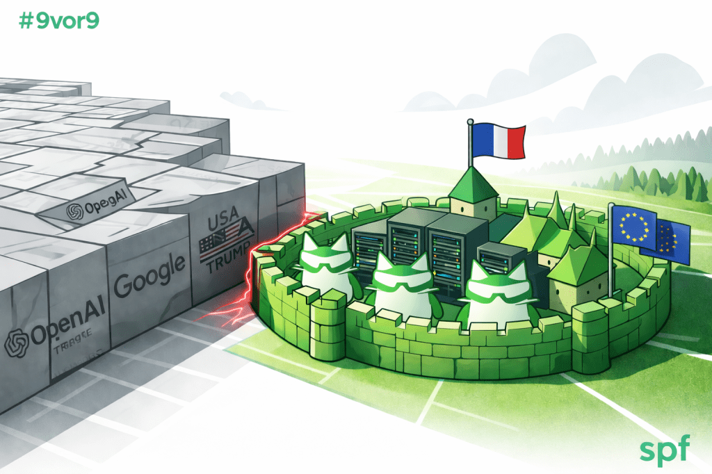 Ein grünes, befestigtes Dorf mit Rechenzentrum und stilisierten Katzen steht als Symbol für europäische KI-Autonomie einem grauen, monolithischen Tech-Block gegenüber. Eine rote Bruchlinie markiert die klare Grenze und Blockade zwischen dem offenen, modularen System und der geschlossenen, dominanten Struktur. Französische und europäische Flaggen unterstreichen den politischen Anspruch auf Unabhängigkeit gegenüber den großen US-Plattformen.