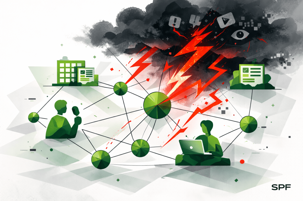 Das Bild zeigt ein grünes, gleichberechtigtes Netzwerk aus Redaktionen und Bürgern, verbunden durch klare Linien als Symbol demokratischer Öffentlichkeit. Über diesem offenen Geflecht zieht eine große, dunkle Wolke auf, aus der rote, dramatische Blitze in Richtung der Knoten einschlagen. Sie steht für Desinformation, Fake News und algorithmisch verstärkte Angriffe auf freie Meinungsäußerung. Trotz der Bedrohung bleibt das Netzwerk sichtbar stabil – ein visuelles Spannungsfeld zwischen Offenheit und systemischer Gefahr.