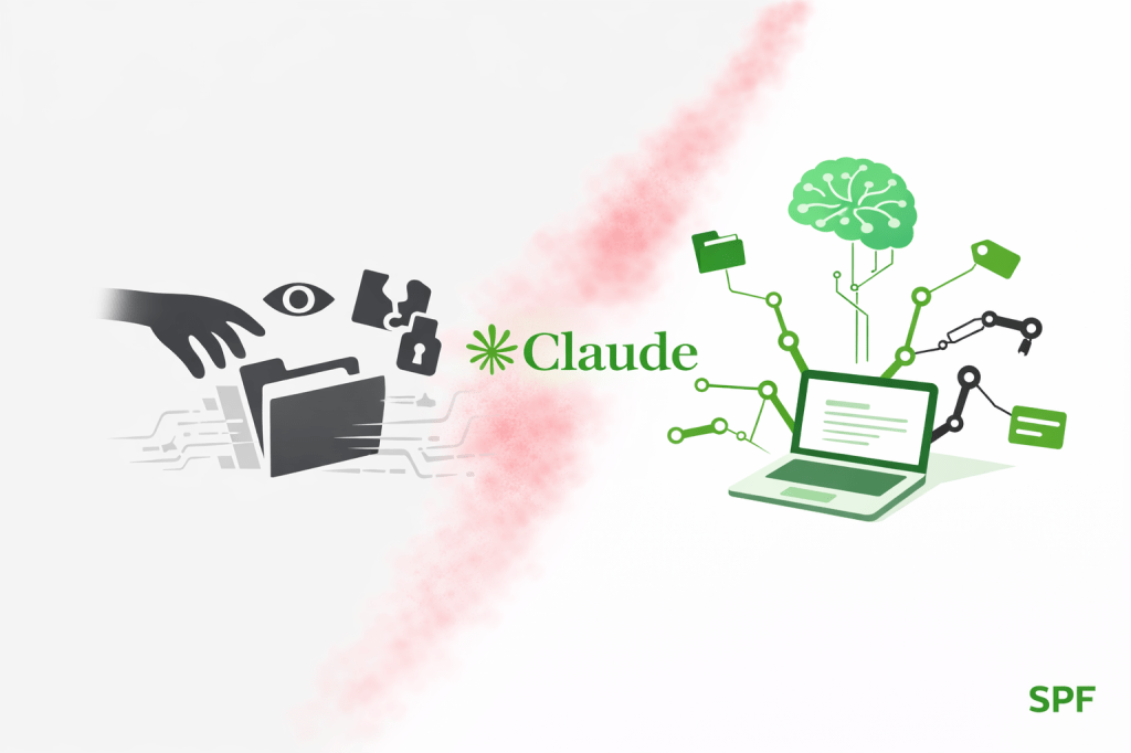 Die Illustration zeigt eine diagonale, rot verschwimmende Übergangszone zwischen zwei Zuständen: links eine dichte, hellgraue Welt aus Überwachung, Datenabfluss und gebrochenen Sicherheitsmechanismen. Rechts öffnet sich ein größerer, grüner Raum, in dem ein Laptop von vernetzten, autonomen KI-Agentenarmen und einem zentralen „Gehirn“-Knoten gesteuert wird. In der Mitte verbindet das stilisierte Claude-Logo beide Seiten und markiert die ambivalente Schnittstelle zwischen Risiko und kontrollierter Automatisierung.