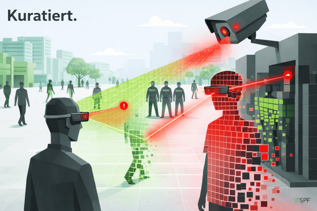 Die Illustration zeigt einen öffentlichen Platz, auf dem Menschen von Überwachungstechnologie erfasst werden. Eine große Kamera scannt Passanten mit einem Rasterstrahl, während eine Person mit einer Datenbrille gezielt das Gesicht einer anderen Person analysiert – dabei wird der Mensch sichtbar in digitale Datenblöcke aufgelöst. Im Hintergrund stehen Polizisten, während rote Markierungen und Strahlen die Gefahr und Kontrolle durch Gesichtserkennungstechnologie verdeutlichen.