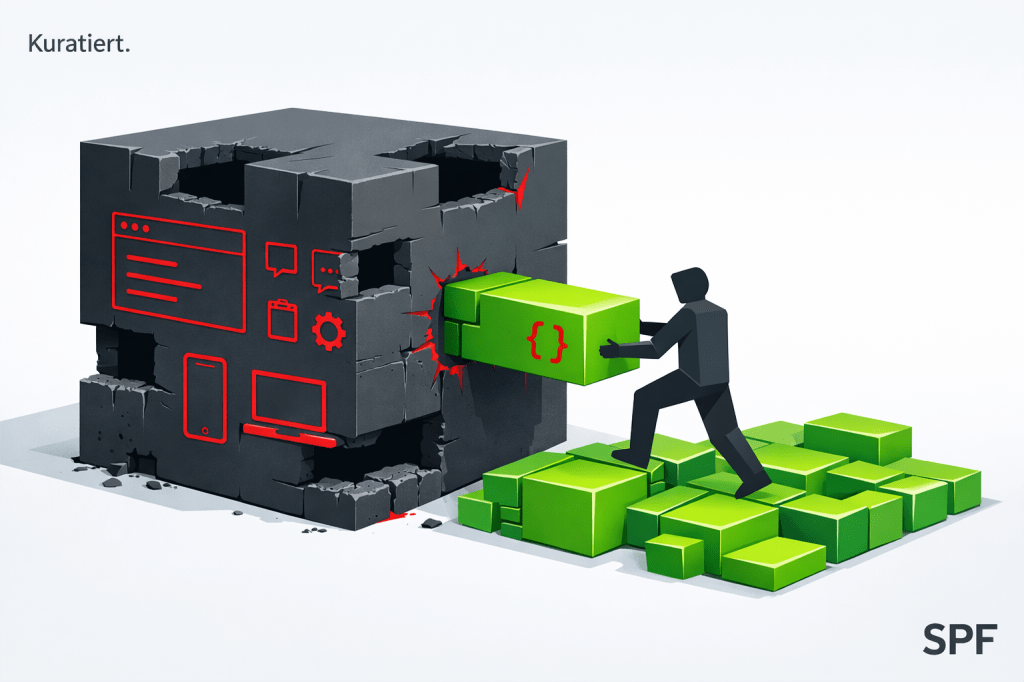 Ein großer dunkelgrauer Quader symbolisiert ein geschlossenes Big-Tech-System, aus dem bereits mehrere Blöcke herausgebrochen wurden. Eine abstrahierte Figur zieht gerade einen grünen Software-Block aus einer offenen Lücke und setzt ihn in eine wachsende modulare Plattform aus grünen Bausteinen ein. Einige rote Akzentblöcke markieren kritische oder problematische Teile innerhalb der neuen Struktur und weisen auf Risiken oder Abhängigkeiten hin.