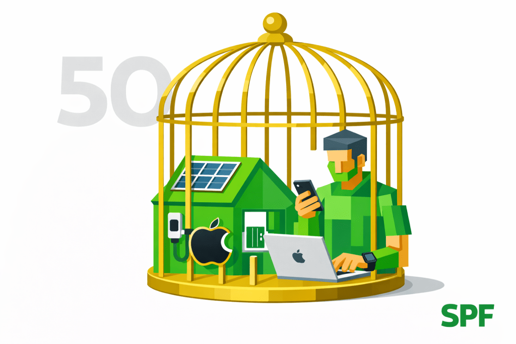 Ein stilisierter, kubistisch abstrahierter Mensch steht gemeinsam mit einem grünen, technologisch ausgestatteten Haus in einem dominanten roten Käfig, dessen kräftige Farbe sofort Alarm und Kontrolle signalisiert. Der Mensch nutzt gleichzeitig Laptop und Smartphone, während ein schwarzes Apple-Logo im Vordergrund die Abhängigkeit vom Ökosystem betont. Im Hintergrund schimmert eine blasse „50“, während das SPF-Logo unten rechts einen ruhigen, markentypischen Gegenpol setzt.